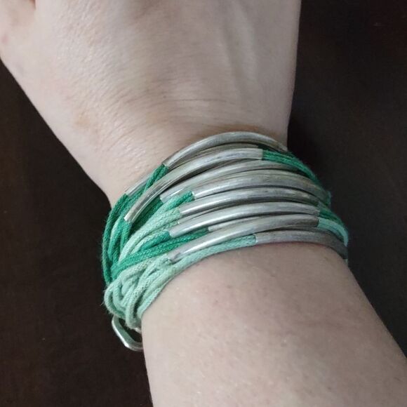 Women's Green with Silver Bars Multi Strand Wrap Bracelet - Picture 3 of 5